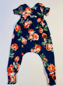 Navy and Coral Roses Low Back Romper
